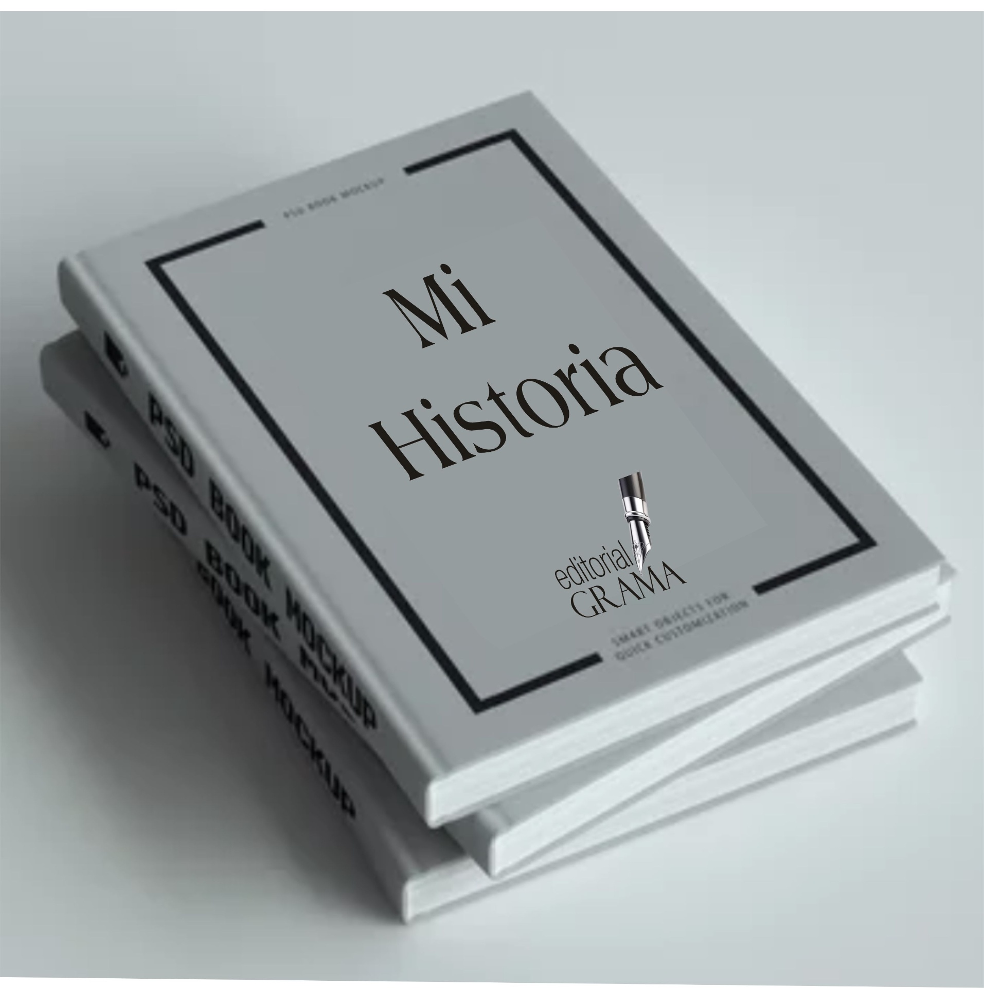 Libros biográficos apilados con tapa Mi Historia, edición Editorial Grama